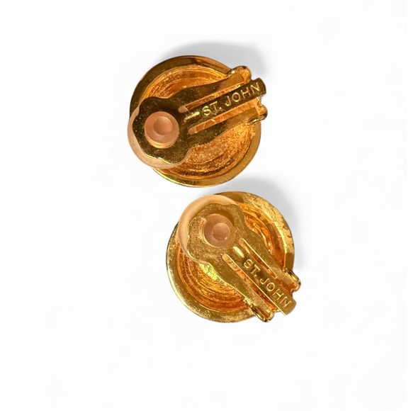 St. John Gold Dome Logo Clip-On Earrings • Vintage Couture All-Metal - Picture 3 of 4